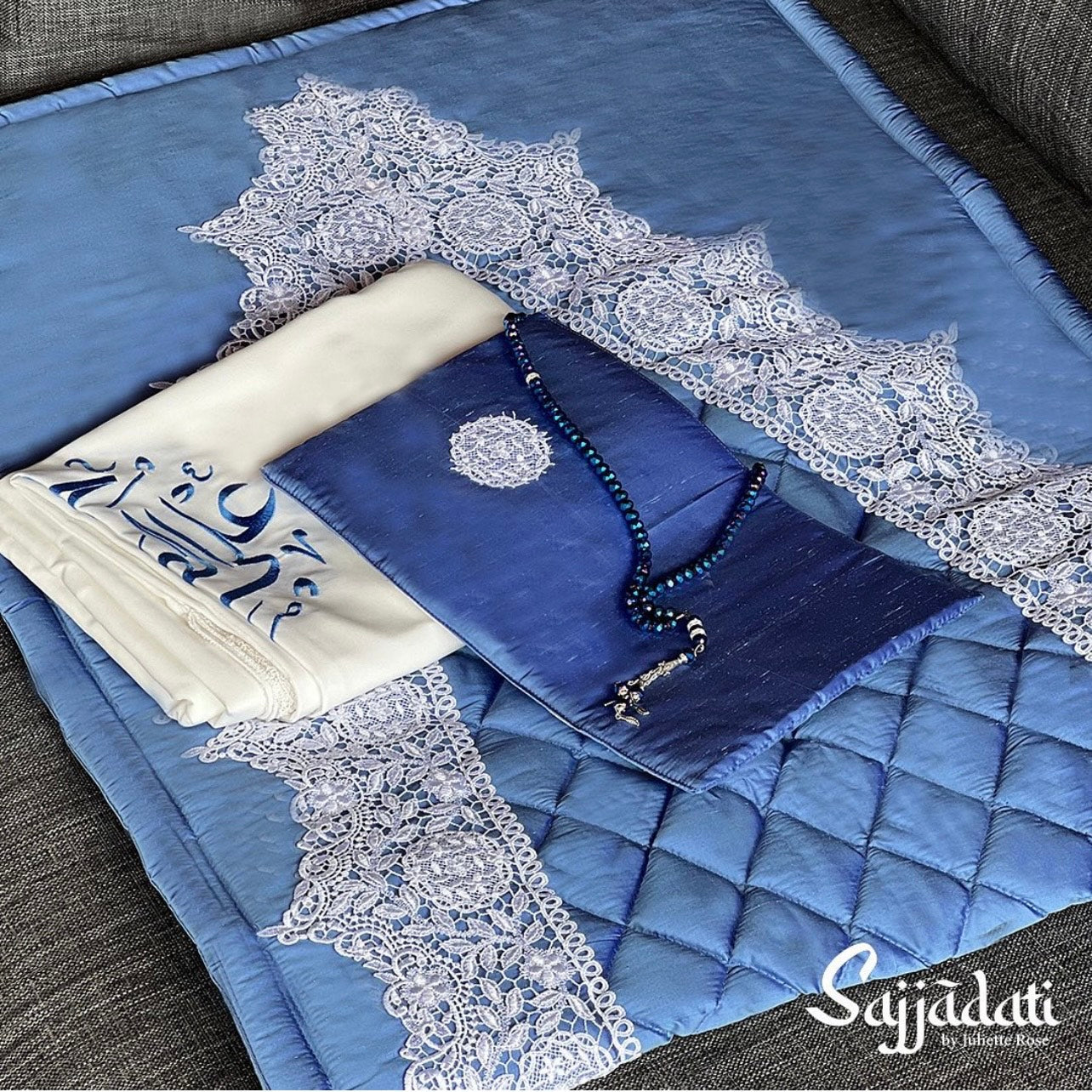 Blue Prayer Mat with white lace